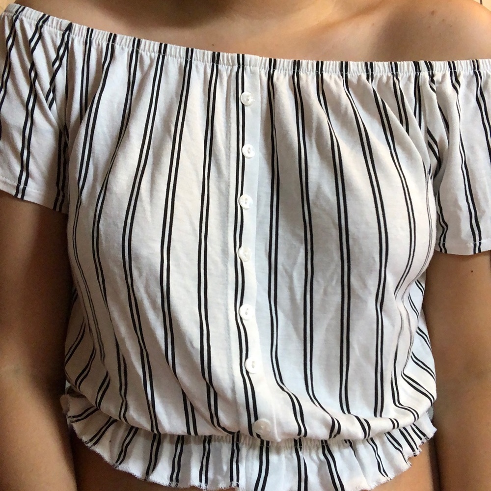 black/white stripe off shoulder top xs h&m